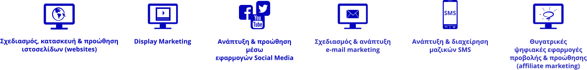 Display Marketing Ανάπτυξη & προώθηση μέσω εφαρμογών Social Media Σχεδιασμός & ανάπτυξη e-mail marketing Ανάπτυξη & διαχείρηση μαζικών SMS SMS Θυγατρικές ψηφιακές εφαρμογές προβολής & προώθησης (affiliate marketing) Σχεδιασμός, κατασκευή & προώθηση ιστοσελίδων (websites)
