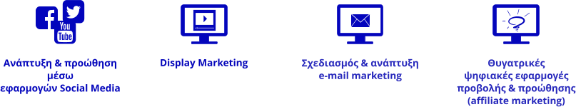 Display Marketing Ανάπτυξη & προώθηση μέσω εφαρμογών Social Media Σχεδιασμός & ανάπτυξη e-mail marketing Θυγατρικές ψηφιακές εφαρμογές προβολής & προώθησης (affiliate marketing)